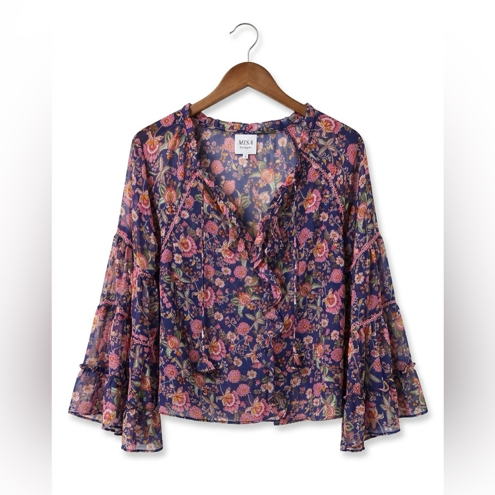 MISA Los Angeles Alberta Navy Floral Boho Chiffon Blouse Top XS